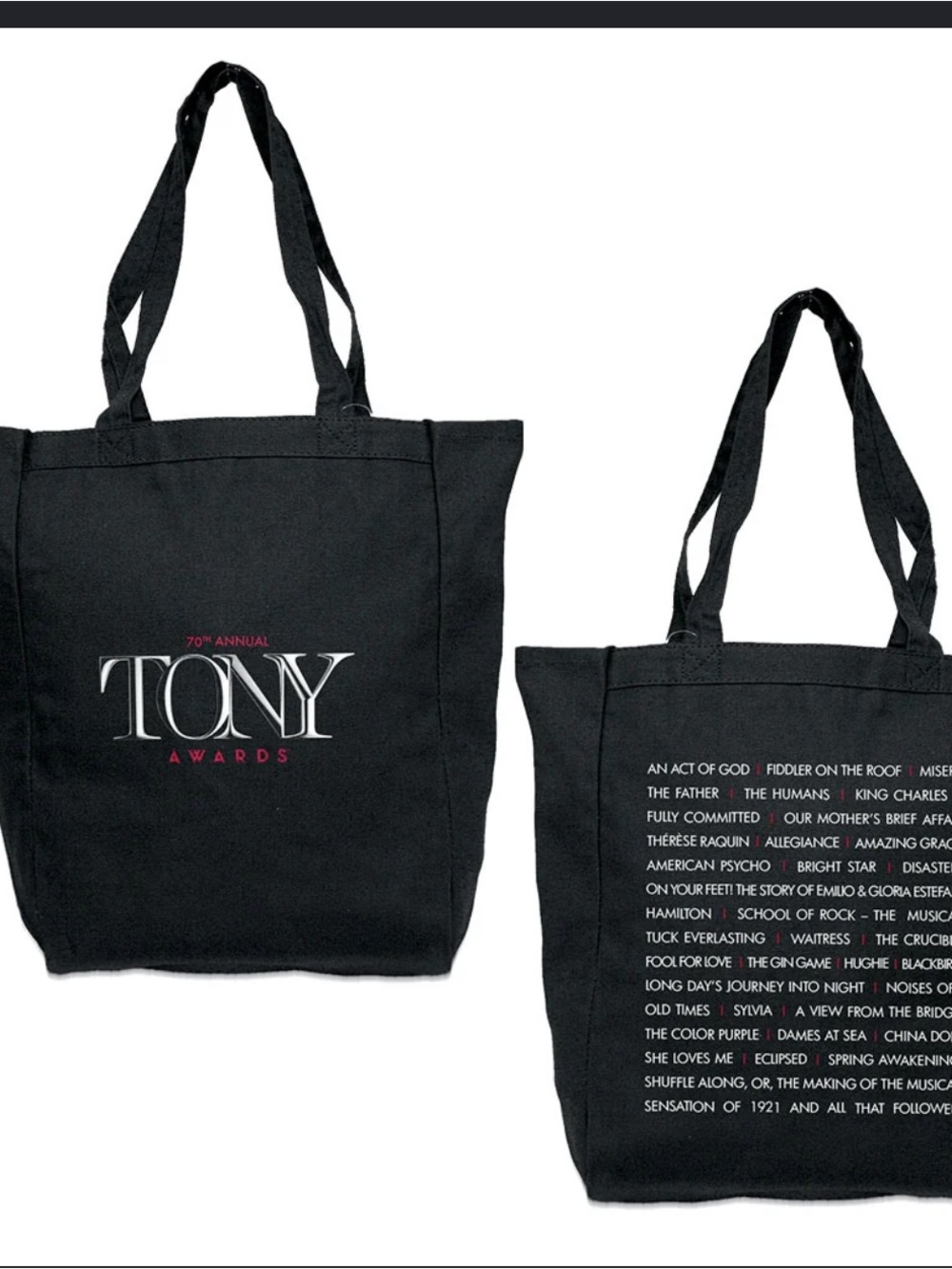 Tony Awards tote bag with white text listing Broadway shows #tony #broadway